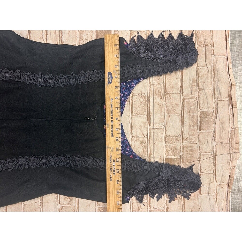 TRACEY FEITH Dress L black Cap Sleeve Lace Goth Witchy Linen Raw‎ Hem - Picture 8 of 8